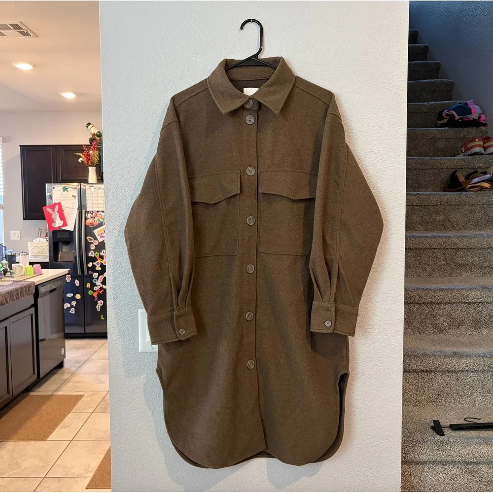 H&M Brown Longline Shacket Oversized Shirt‎ Jacket Button Front SMALL